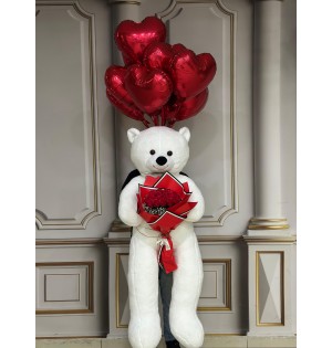 Ayıcık kırmızı gül kalpli balon